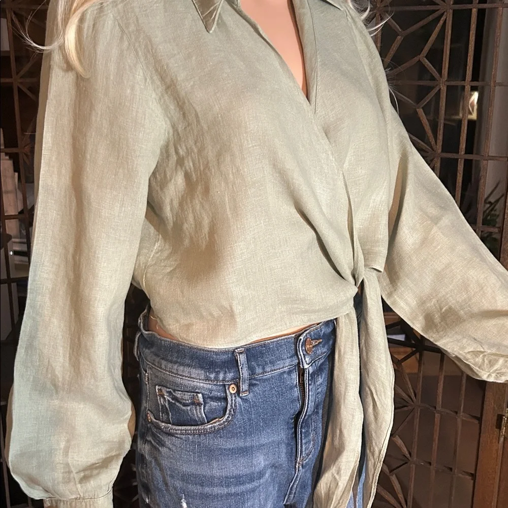 NWT ZARA LINEN SIDE TIE BLOUSE L - Picture 2 of 14